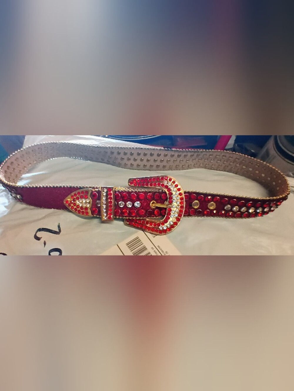 DNA - Belt RUBY Red FAUX Alligator Skin. Ruby Red And Clear Rhinestone Buckle
